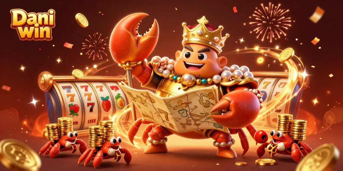 Dhani win vibrant gaming scene with a golden crab emperor, slot machines, and festive elements in action.