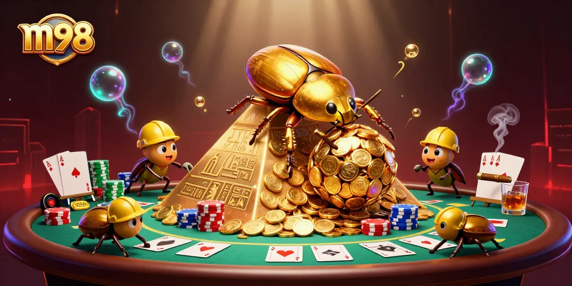 Engage in thrilling gameplay at m98, featuring a vibrant casino scene with golden beetles and poker elements.